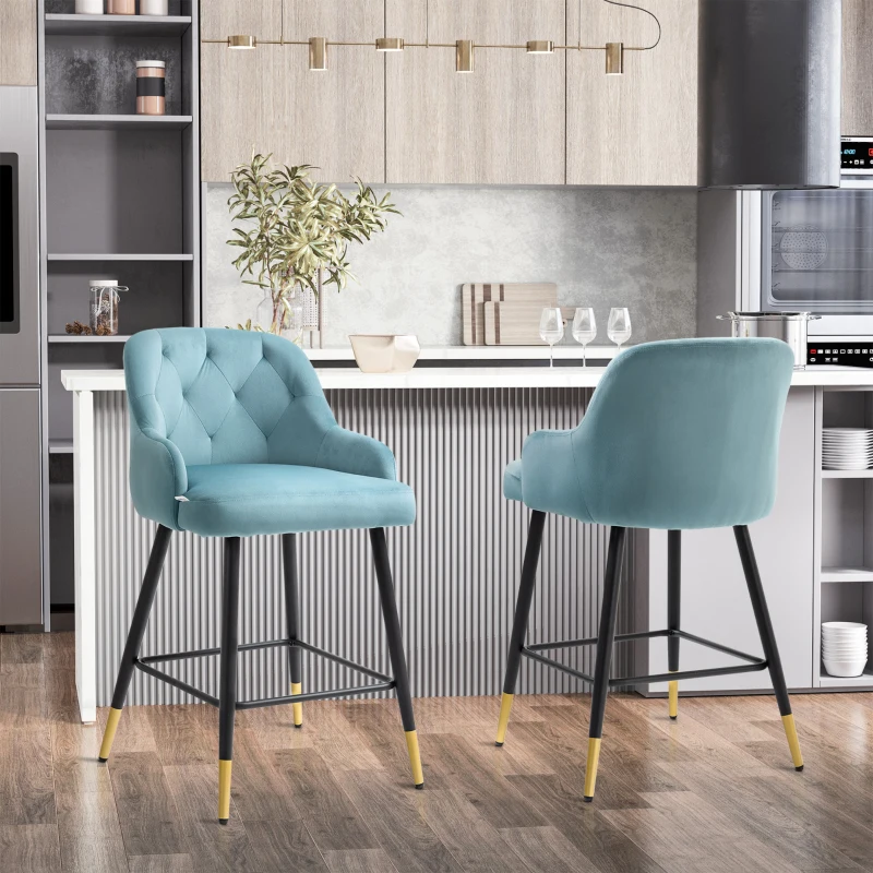 HOMCOM Conjunto de 2 Banquetas de Bar Cadeiras Altas Capitonadas com Apoio para os Pés Apoios de Braço 52,5x51,5x102 cm Azul
