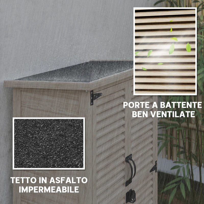 Outsunny Armadio da Esterno Portaoggetti a 2 Ripiani con Picchetti, in Legno di Abete, 75x50x111/118 cm
