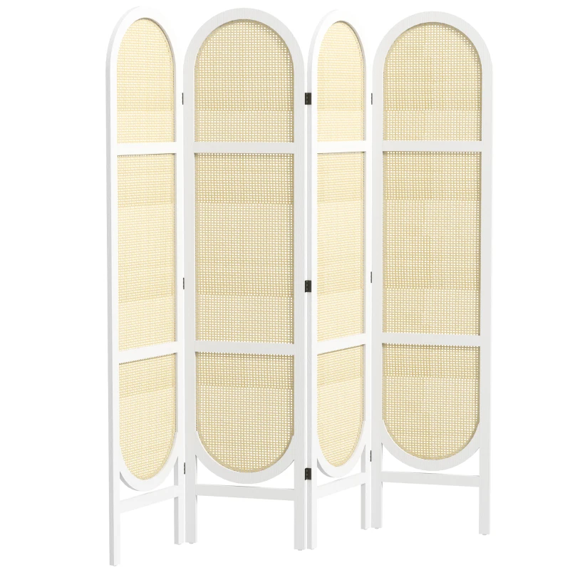 HOMCOM Biombo Interior em Madeira 4 Painéis 170x160 cm Dobrável e Portátil Padrão Trançado à Mão Branco