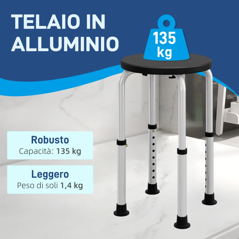 HOMCOM Sgabello da Doccia Antiscivolo e Regolabile su 8 Altezze, in Alluminio e PE, 32.5x41x35.5-54 cm, Nero