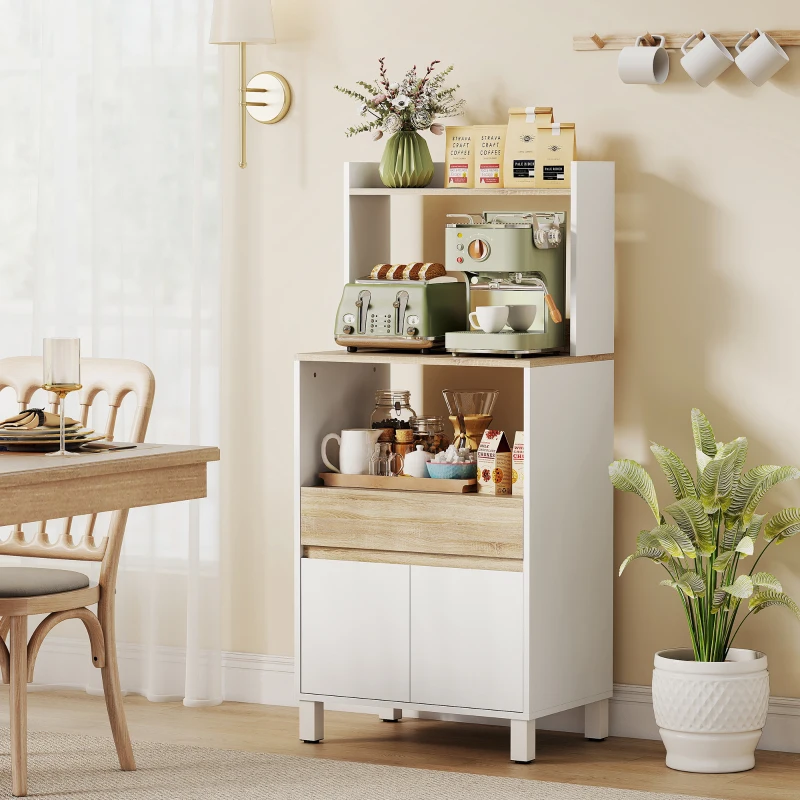 HOMCOM Mobiletto per Microonde in Legno con Mensola, Ripiano Aperto, Cassetto e Armadietto, 60x40x131 cm, Bianco