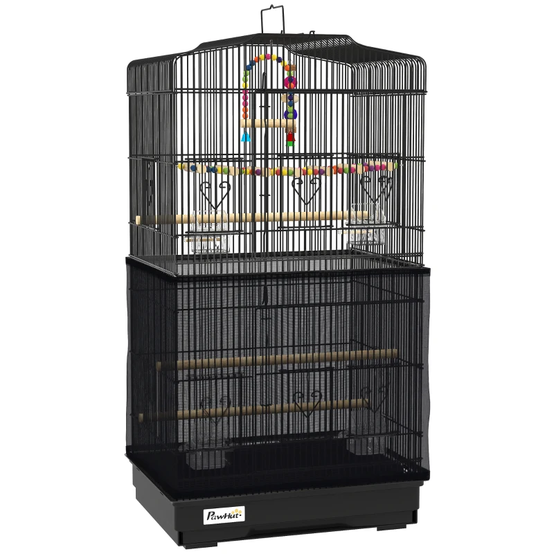 PawHut Cage pour oiseaux avec poignée, plateau extractible, perchoirs en bois, balançoire et gamelles, 46.5x35.5x92cm, Noir
