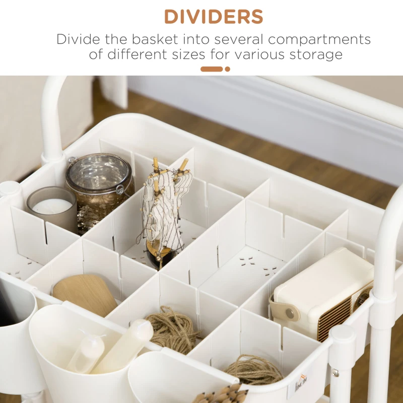 HOMCOM Carrello Cucina Multiuso a 3 Livelli con Cestini e Ganci Rimovibili, Ripiano con 12 Divisori, Bianco