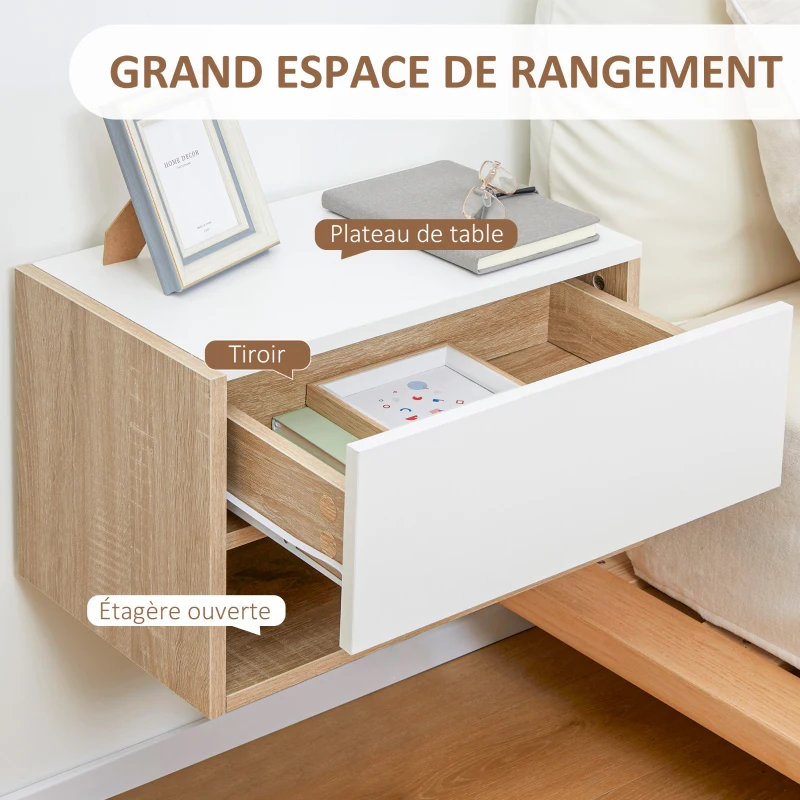 HOMCOM Lot de 2 Tables de Chevet murales - Lot de 2 Tables de Nuit - tiroir Coulissant, étagère, Bicolore Aspect chêne Blanc