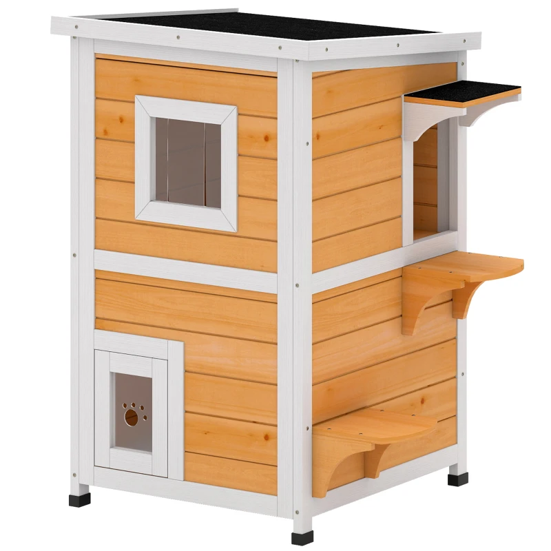 PawHut Caseta para Gatos de Madera Exterior de 2 Niveles con Techo Abatible Panel Central Extraíble 51x51x81,3 cm Natural