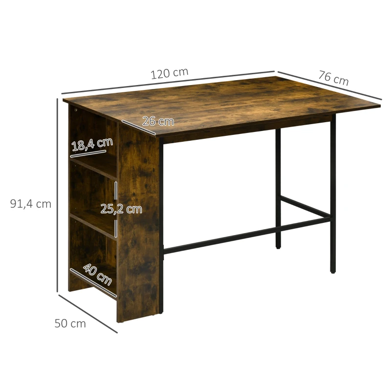 HOMCOM Ilhéu Central Mesa de Bar Tampo Lateral Dobrável e 3 Prateleiras 120x76x91,4 cm Castanho Rústico
