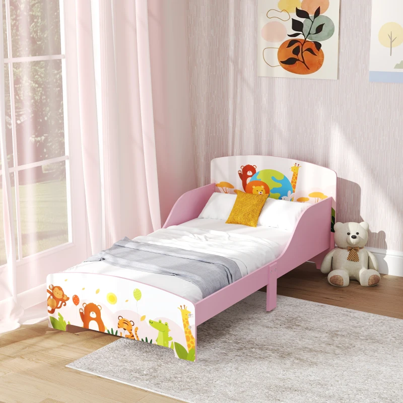 AIYAPLAY Cama Infantil Cama No Chão Estampa Animal 140x70 cm com Estrado de Ripas de Madeira Design Baixo Seguro Rosa