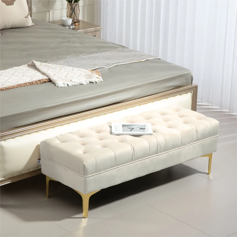 HOMCOM Banco Banqueta Capitonê Final de Cama Estilo Clássico Chique 118x45x42 cm Pés em Metal Dourado Veludo Bege