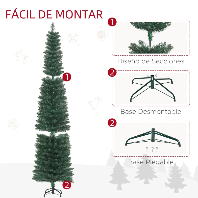 HOMCOM Árbol de Navidad Artificial Estrecho 210 cm con 510 Ramas, Base Plegable y Soporte Metálico Fácil Montaje Verde