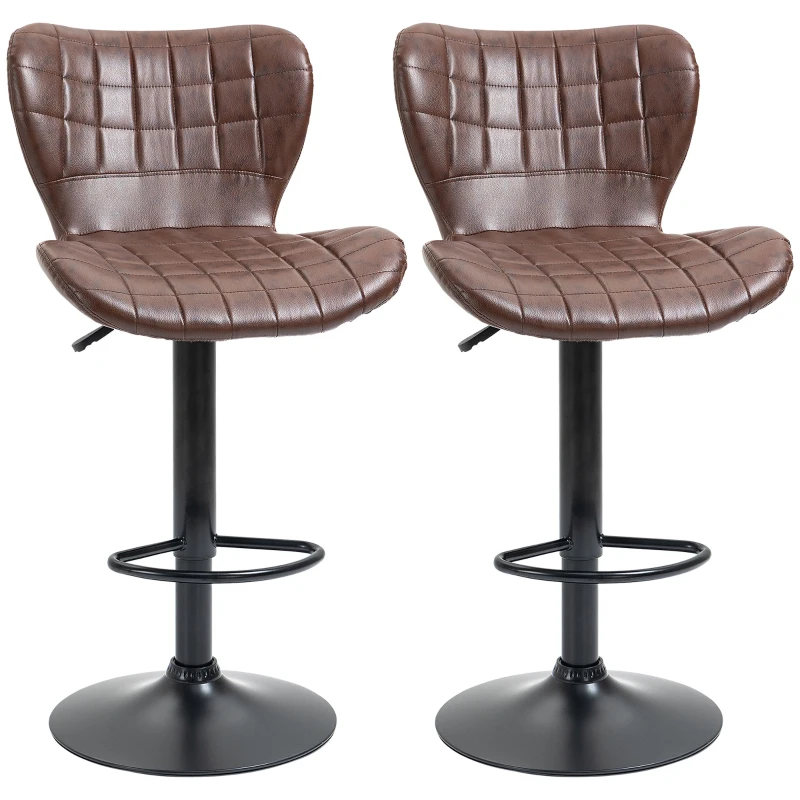HOMCOM Bar Stools Set of 2 Adjustable Height Swivel Bar Chairs in PU Leather with Backrest & Footrest, Brown