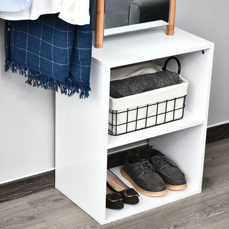 HOMCOM Cabideiro Móvel de Entrada Vestiário Guarda-Roupa com Espelho 4 Ganchos 2 Nichos 100x34x164 cm Mdf Branco Madeira Maciça Bambu