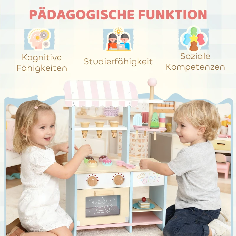 AIYAPLAY Eiswagen für Kinder Eisdiele Kinder 17 Stück Eis Kinderküche mit 17 Zubehörteile, Ofen, MDF, Hellblau