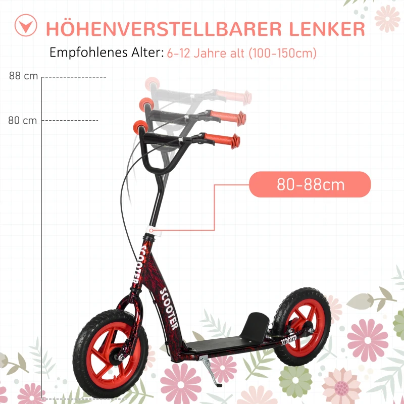 AIYAPLAY Kinderstep, in hoogte verstelbare step voor kinderen, met rem, standaard, 2 wielen, draagvermogen 50 kg, staal, kunststof, rood