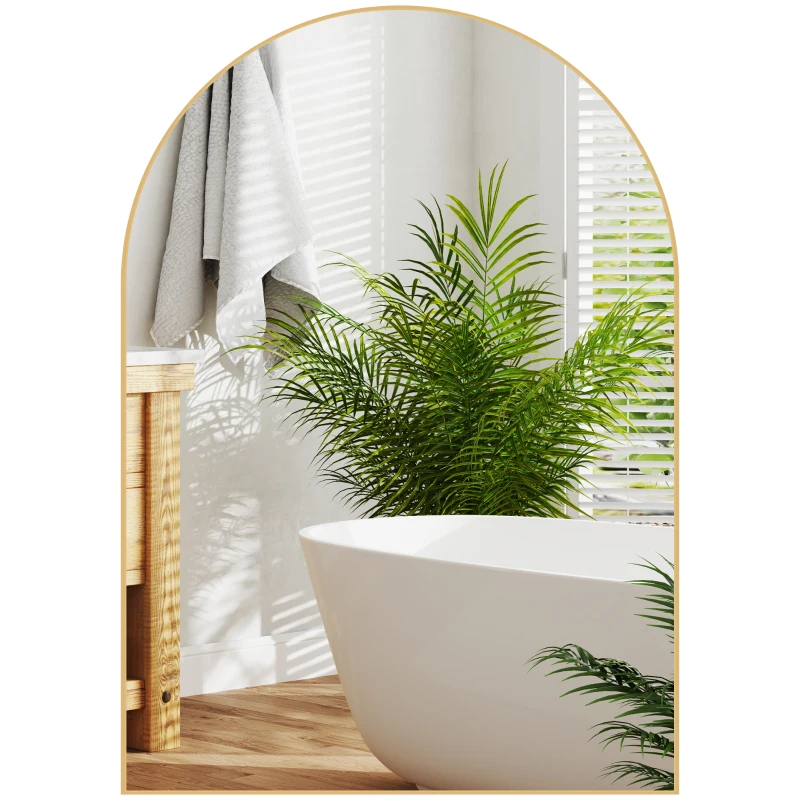 HOMCOM Espelho de Parede Arqueado Espelho de Casa de Banho com Aro em Liga de Alumínio para Quarto Sala Entrada 50 × 70 cm Dourado