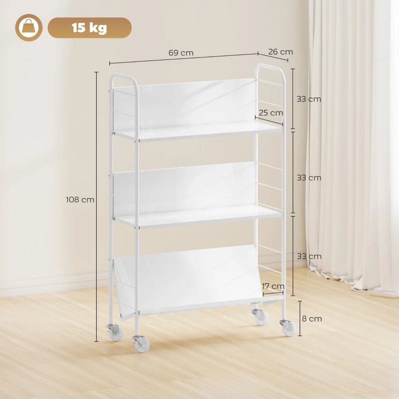 HOMCOM Carrito para libros moderno de 3 niveles con ruedas giratorias para libros y revistas, 69x26x108 cm, Blanco