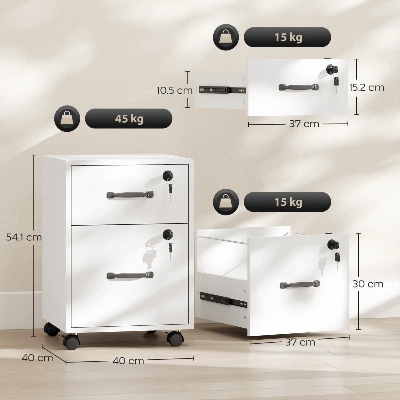 HOMCOM Rolling File Cabinet with 2 Drawers, Mobile Filing Cabinet with Hanging File Folder for Letter Sized Documents, White