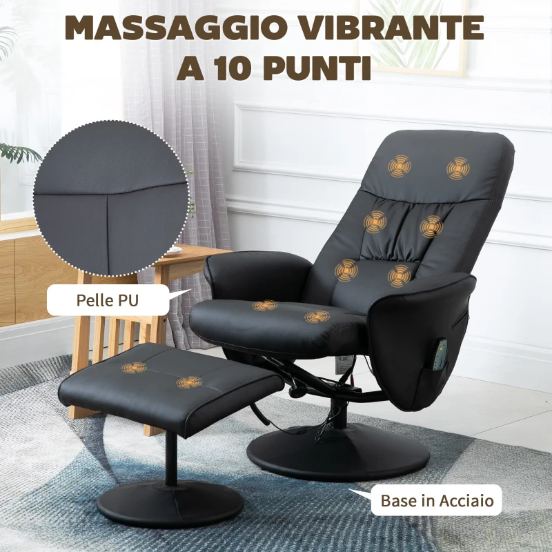 HOMCOM Poltrona Massaggiante con Pouf Poggiapiedi, Reclinabile a 145° con Seduta Girevole e 10 Punti Massaggio, Nero