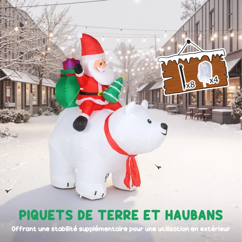 Outsunny Père Noël gonflable de Noël sur ours polaire 200 cm, 5 lumières LED, décoration de Noël intérieure et extérieure, blanc