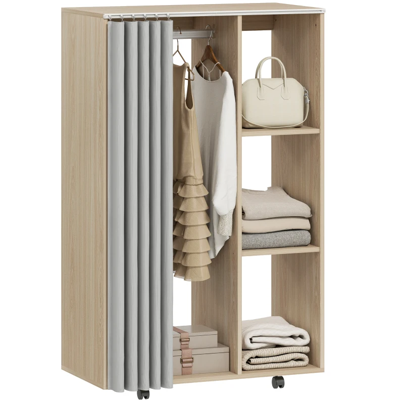 HOMCOM Armário Closet Móvel 4 Rodízios Varão para Roupas e Prateleiras 80x40x128cm Efeito Madeira Natural