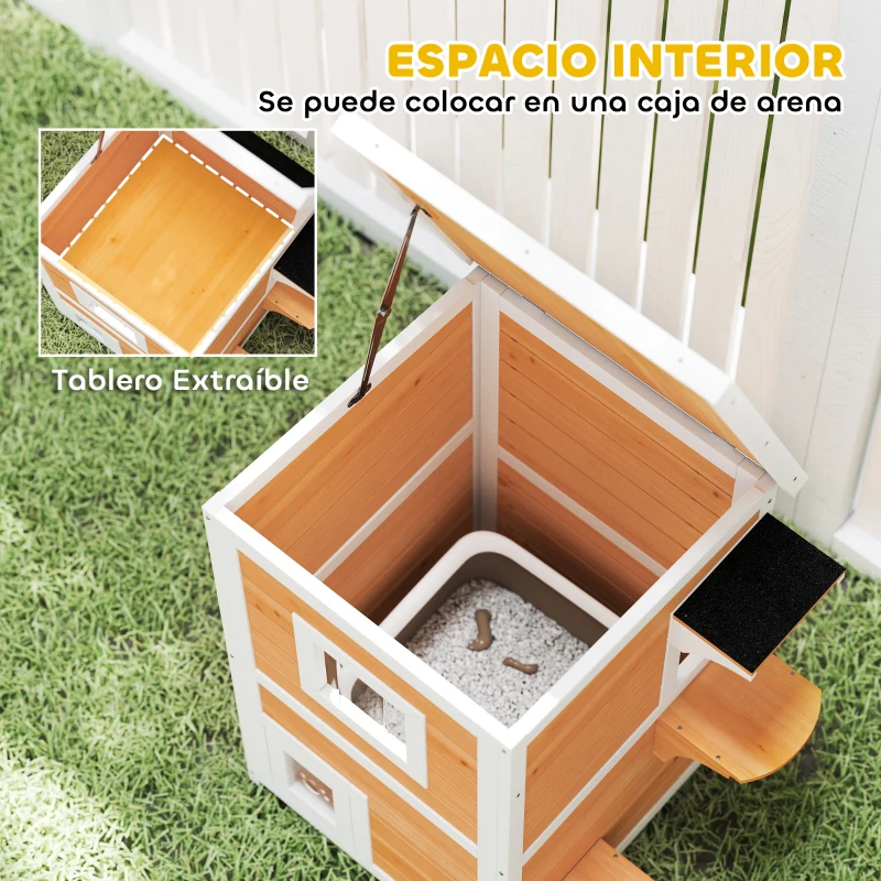 PawHut Caseta para Gatos de Madera Exterior de 2 Niveles con Techo Abatible Panel Central Extraíble 51x51x81,3 cm Natural