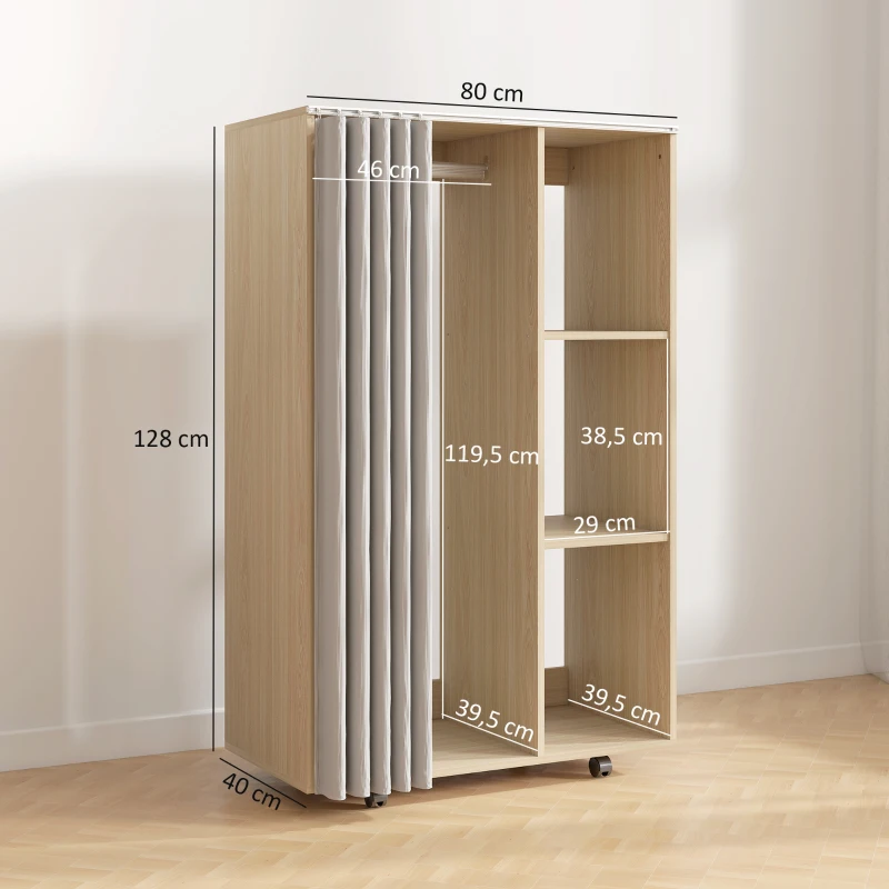 HOMCOM Armário Closet Móvel 4 Rodízios Varão para Roupas e Prateleiras 80x40x128cm Efeito Madeira Natural
