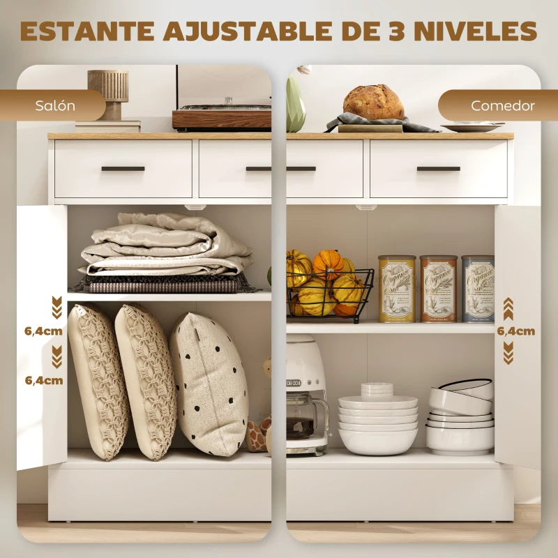 HOMCOM Aparador de Salón con 2 Puertas 2 Cajones y Estantes Ajustables para Cocina Entrada Dormitorio 68,6x35x90,3 cm Blanco
