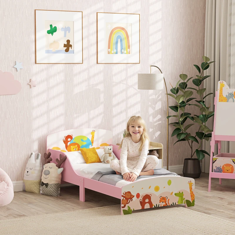 AIYAPLAY Cama Infantil Cama No Chão Estampa Animal 140x70 cm com Estrado de Ripas de Madeira Design Baixo Seguro Rosa