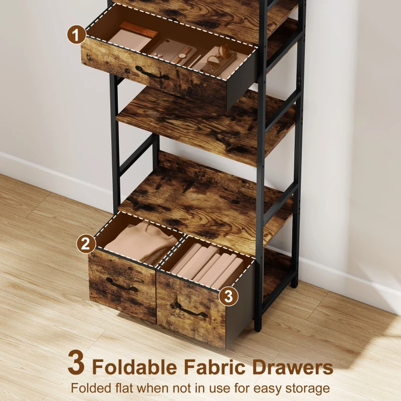 HOMCOM Industrial Style Bookcase, with 4 Shelves and 3 Fabric Drawers - Brown/Black