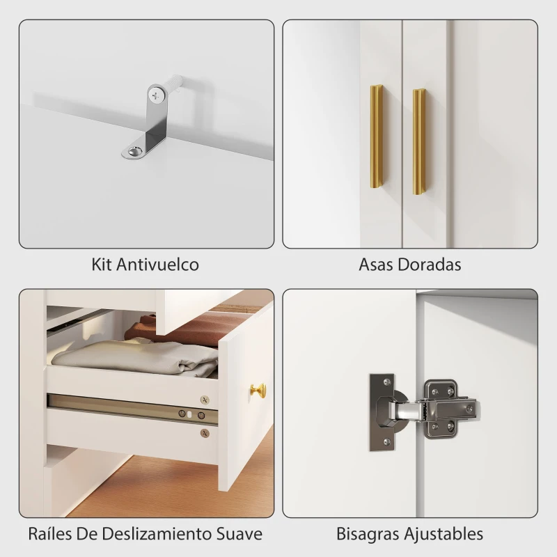 HOMCOM Armario Dormitorio 2 Puertas y 2 Cajones Armario Ropero con Espejo Barra para Colgar 80x50x180 cm Blanco