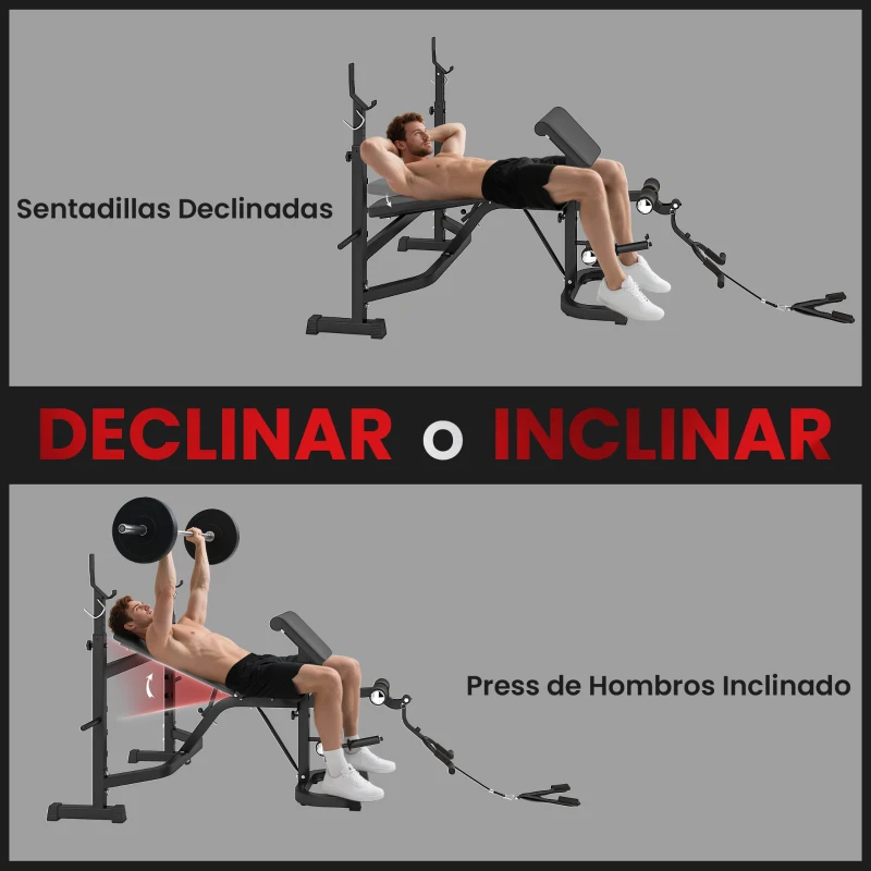 HOMCOM Banco de Musculación Multifuncional Banco de Pesas con Respaldo Inclinable y Soporte de Barras Altura Ajustable para Entrenamiento Cuerpo Completo Ginmasio Carga 300 kg 187x140x117-136 cm Negro