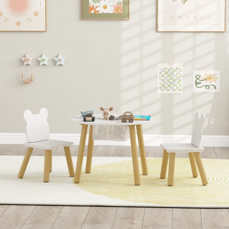 AIYAPLAY Conjunto 1 Mesa 2 Cadeiras para Criança 3 Peças Encosto em Forma de Urso Atividades Trabalhos Manuais Refeições 3-6 Anos