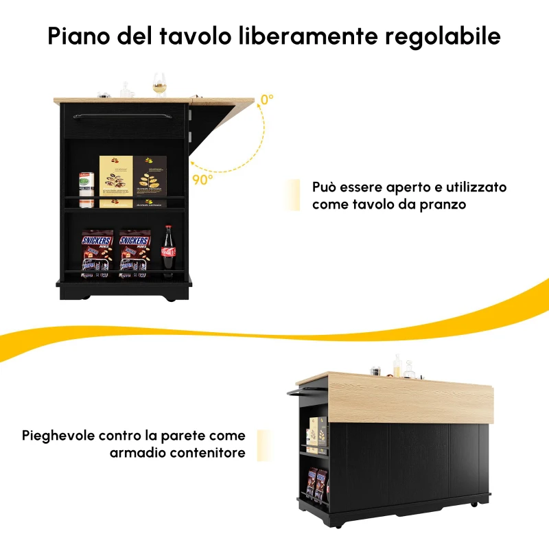 Credenza salvaspazio da cucina con piano ribaltabile e Mensole laterali, Isola Moderno con Piano regolabile e vetro temperato, Nero | Aosom Italy