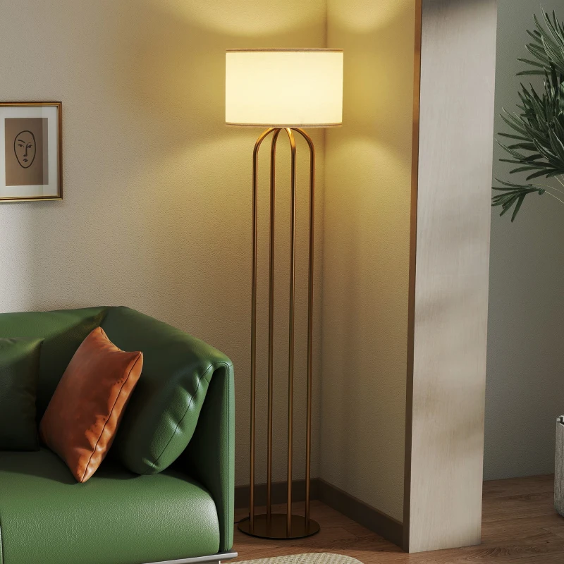 HOMCOM Lampadaire sur pied de salon, lampe sur pied avec abat-jour en lin et interrupteur à pied, Ø 38 x 161 cm, doré et beige