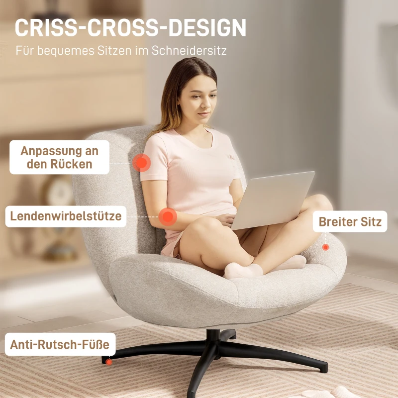 Fotel HOMCOM, Obrotowy o 360°, Lounge z Szerokim Siedziskiem, Zintegrowane Podłokietniki, Gruba Tapicerka, Fotel Relaksacyjny z Chenille, z Krzyżującymi się Nogami ze Stali, do Salonu, Kremowy