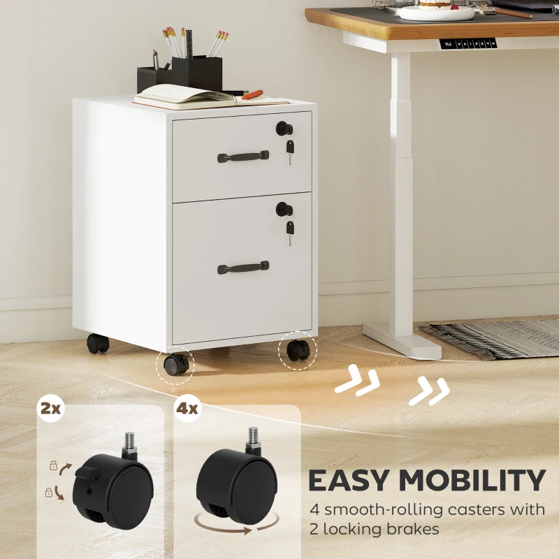 HOMCOM Rolling File Cabinet with 2 Drawers, Mobile Filing Cabinet with Hanging File Folder for Letter Sized Documents, White