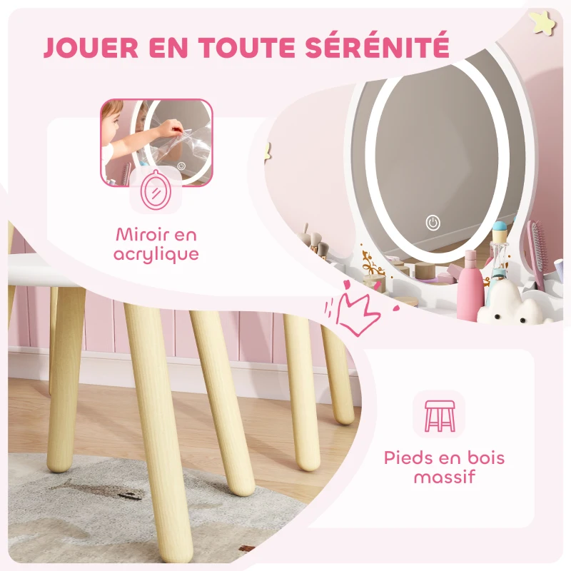 AIYAPLAY Coiffeuse pour enfant 2 en 1 bureau enfant fille avec miroir à LED 3 couleurs et tabouret 60x30x99,3 cm blanc