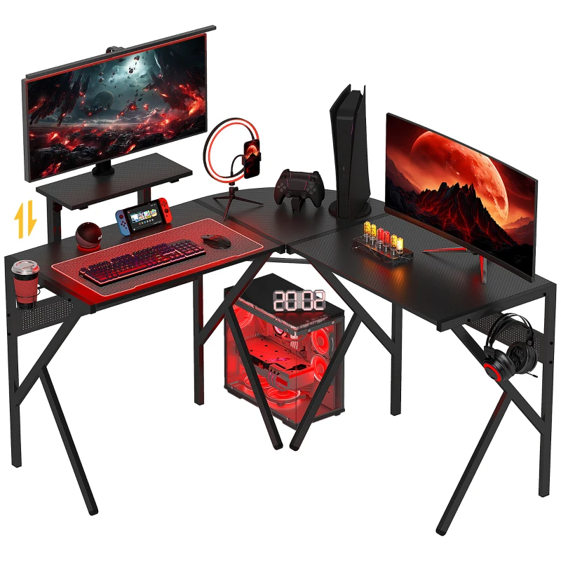 HOMCOM Mesa Gamer em L 125x125 cm com Tampo em Fibra de Carbono Suporte para Monitor Porta-Copos e Gancho para Fone Preto