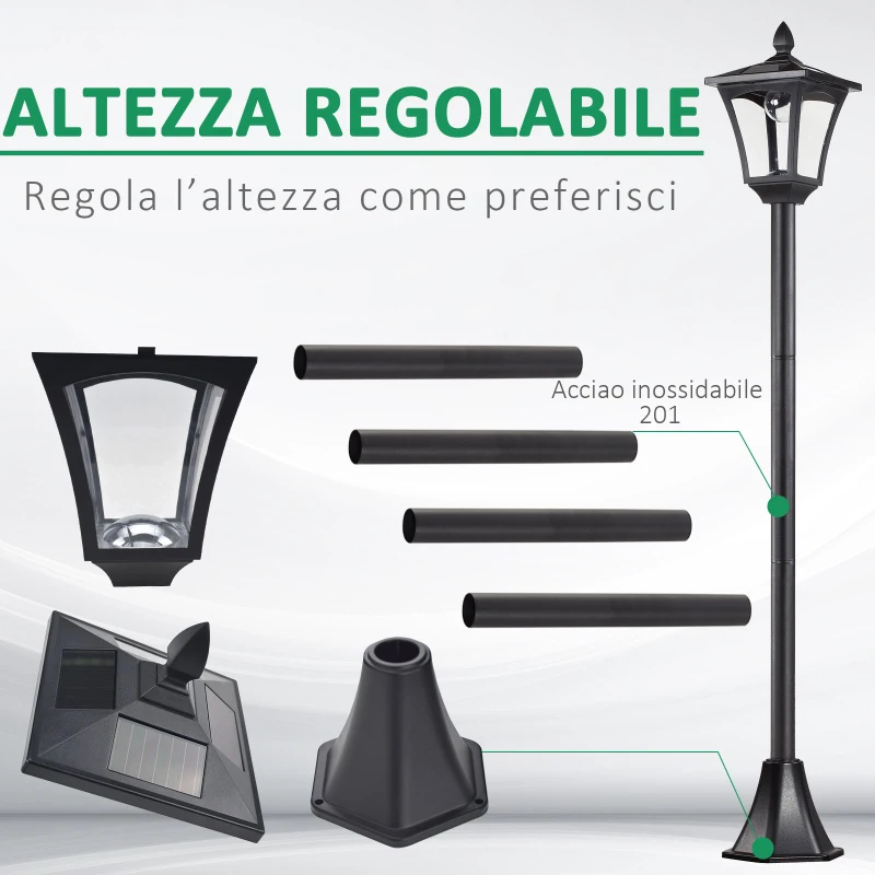 Outsunny Set 2 Lampioncini Solari da Esterno Impermeabili IP44, 18x18x160cm, Nero