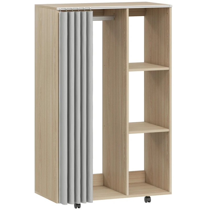 HOMCOM Armário Closet Móvel 4 Rodízios Varão para Roupas e Prateleiras 80x40x128cm Efeito Madeira Natural