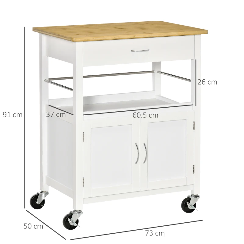 HOMCOM Carrinho de Cozinha Multi-Armazenamento 73x50x91 cm Puxadores em Metal Mdf Branco Tampo em Madeira de Bambu Envernizada
