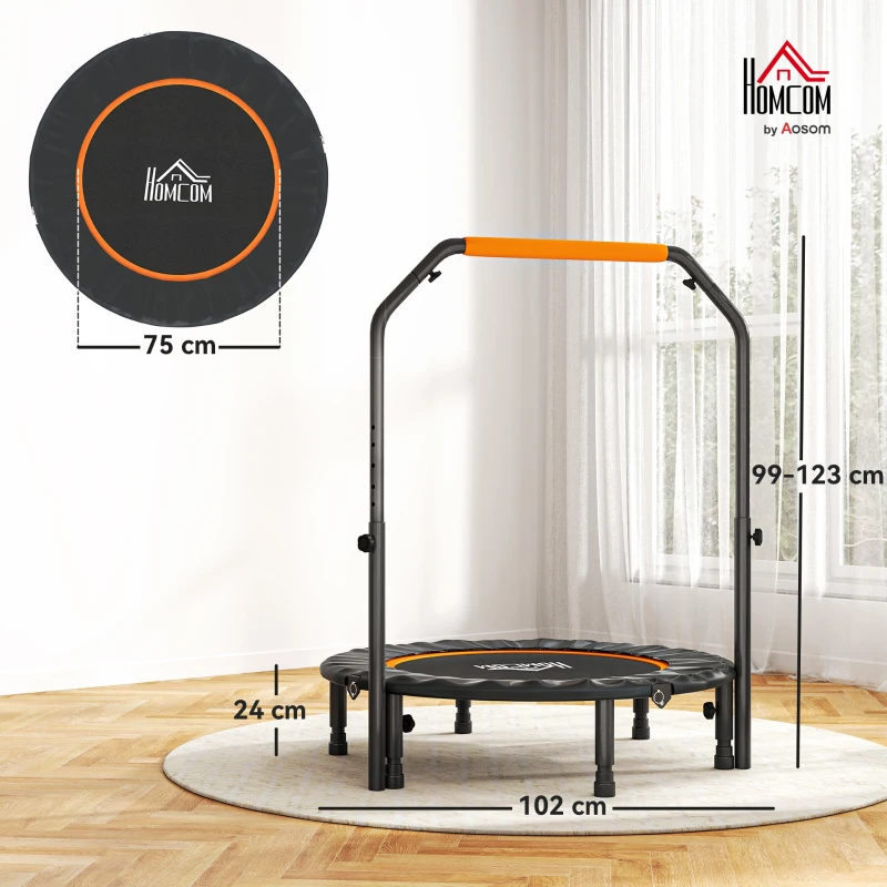 HOMCOM Trampoline de fitness gymnastique avec poignée réglable, pliable, 6 pieds, 28 ressorts Ø 102 cm, noir orange