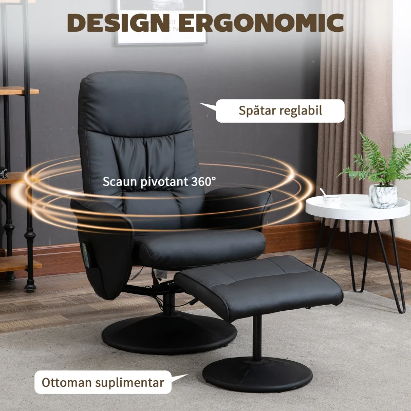 HOMCOM Fotoliu Relaxant cu Suport pentru Picioare, Reclinabil 145° cu Șezut Rotativ, cu 10 Puncte de Masaj, Negru