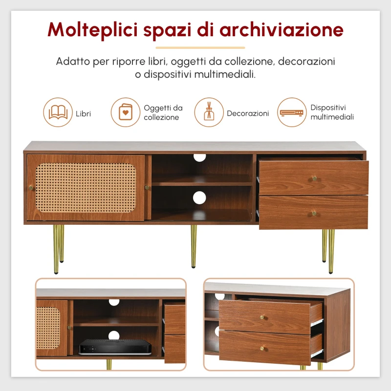 Mobile TV Moderno Design in Rattan con Porte Scorrevoli, Cassetti e 4 Ripiani, Piedi in Metallo, 160x40x60 cm, Color Noce