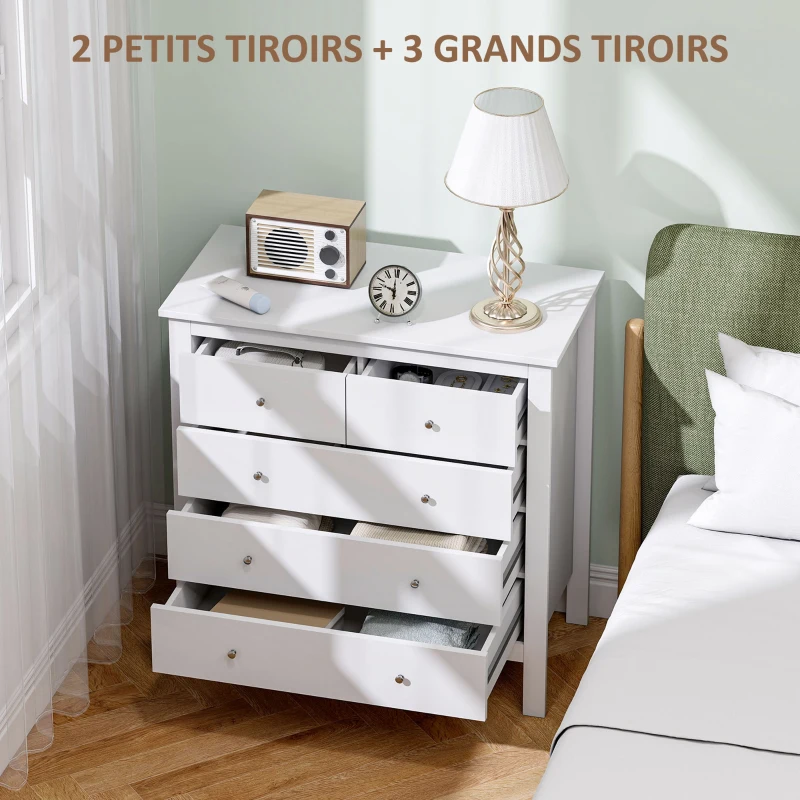 HOMCOM Commode à 5 tiroirs, meuble de rangement, avec poignées, glissières métalliques,  en bois, 79l x 39,5P x 80,5H cm, blanc