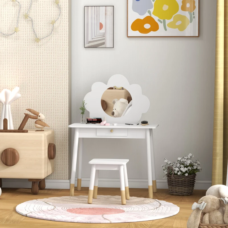 AIYAPLAY Ensemble coiffeuse pour enfant avec tabouret, coiffeuse 2 pièces pour enfants de 3 à 6 ans, miroir forme de nuage, blanc