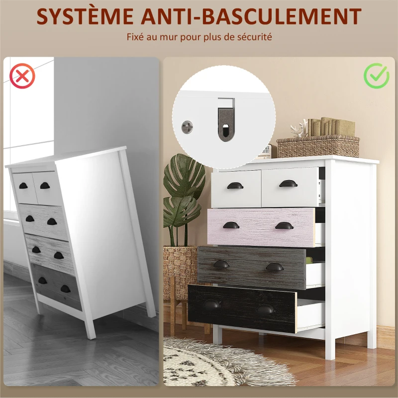 HOMCOM Commode 5 tiroirs meuble de rangement avec poignées, 70 x 38 x 85 cm, blanc