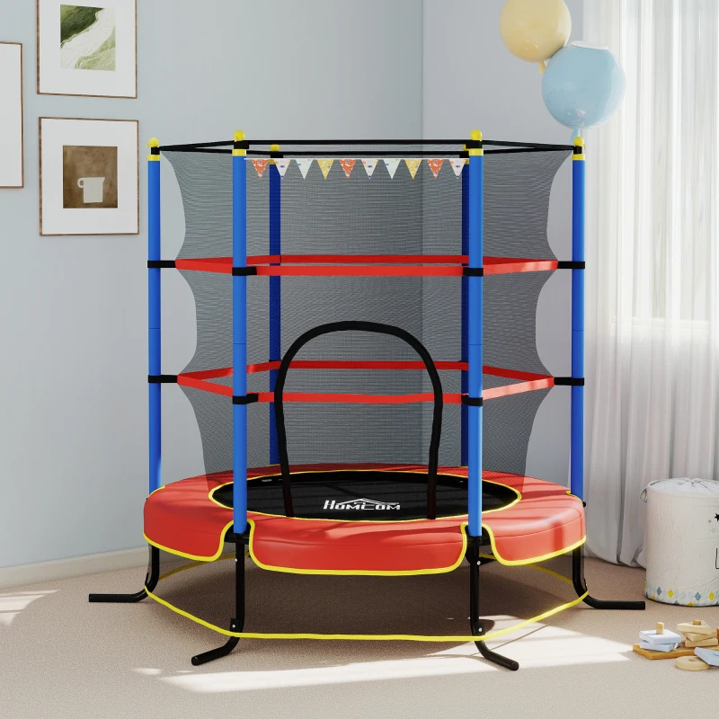 HOMCOM Trampolim Infantil Ø175x190 cm Rede de Segurança Porta com Zíper Cobertura de Molas 6 Postes Acolchoados Preto Vermelho e Azul