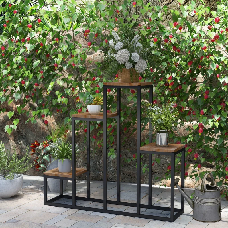 Outsunny Étagère à plantes étagère à fleurs en métal et bois 4 niveaux de différentes hauteurs style industriel 80 x 20 x 74 cm