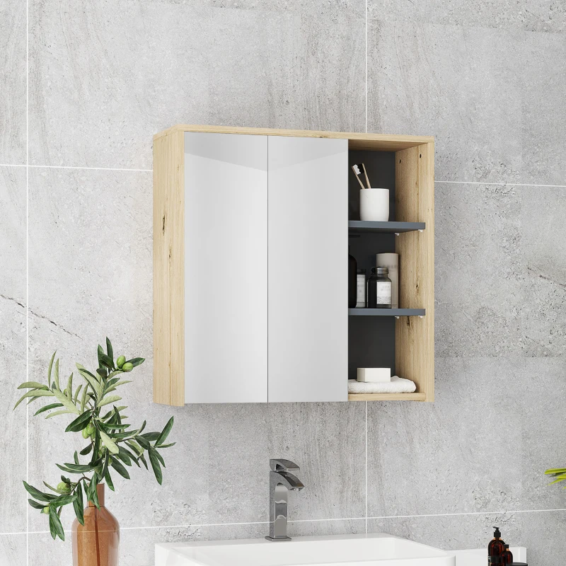 HOMCOM Armoire de salle de bain avec miroir armoire de toilette miroir mural 3 étagères ouverts 60 x 20 x 60 cm bois naturel