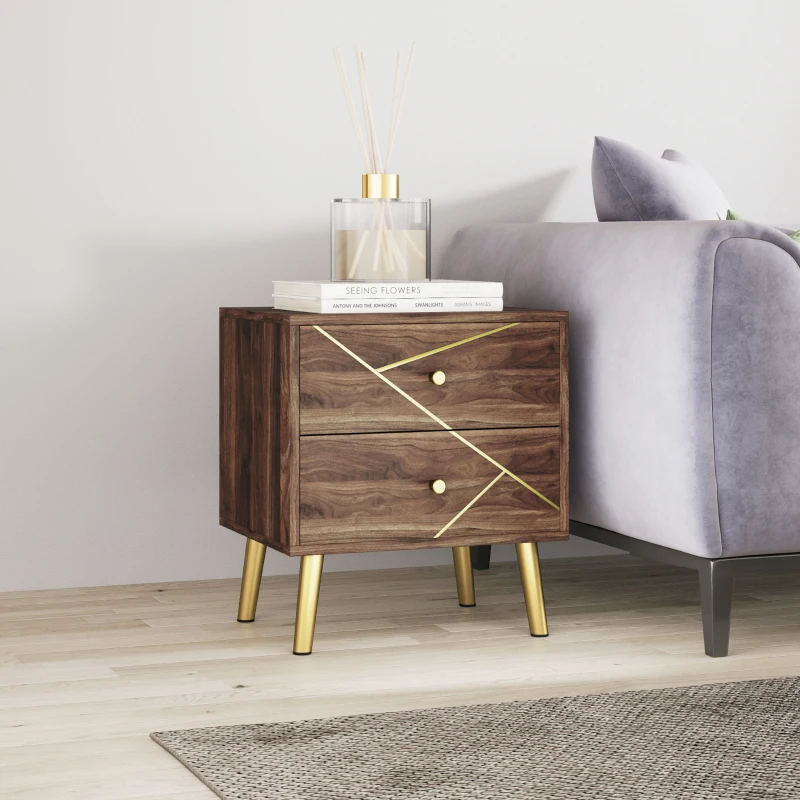 HOMCOM Mesa de Cabeceira Mesa de Noite com 2 Gavetas Puxadores Dourados Pés em Aço 45x35x50 cm Acabamento em Madeira Castanha